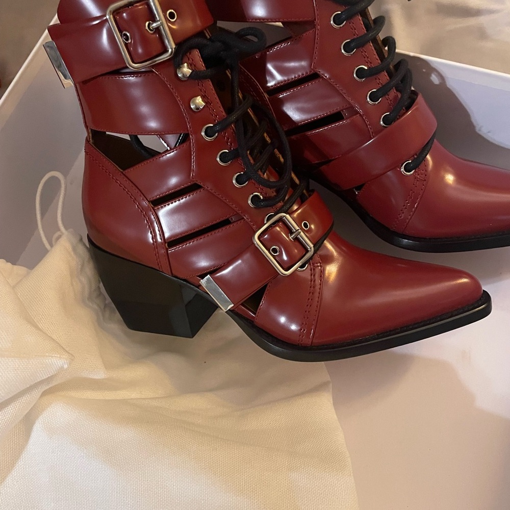 Chloé Red Lace-Up Cutout Boots | Size 38.5 (US 8.5) | Box & Dust Bags Included